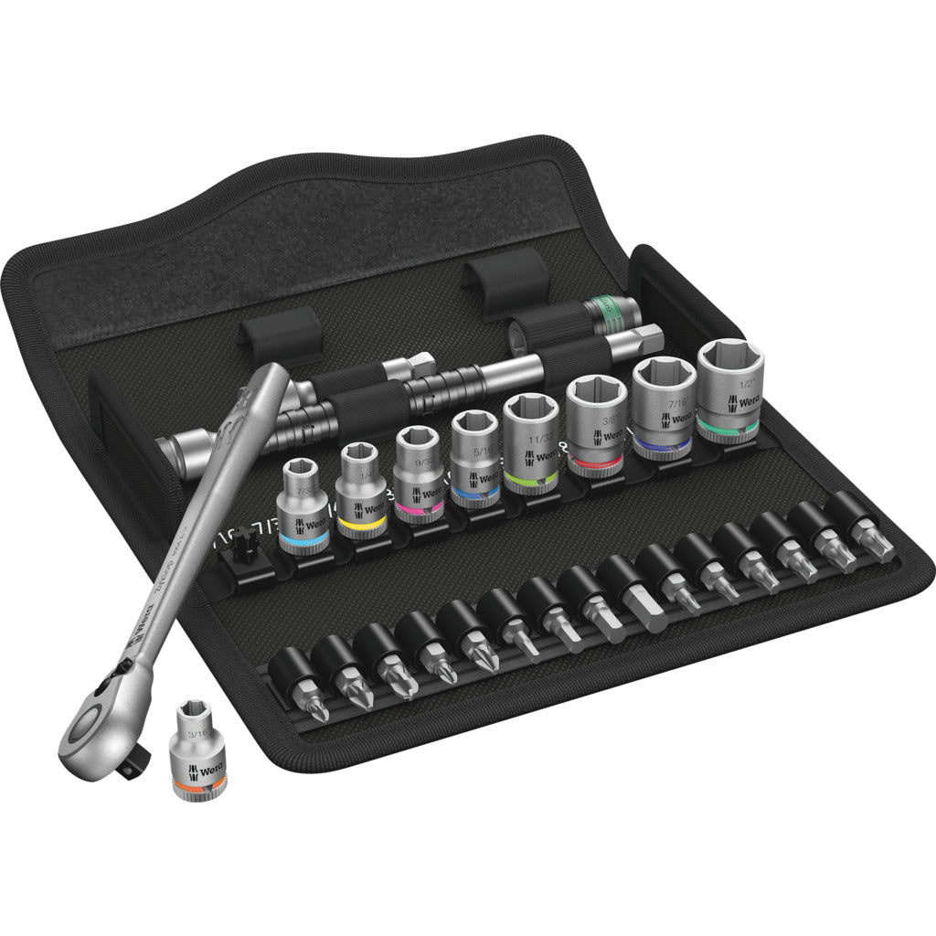 Set di cricchetti in metallo Zyklop 8100 SA 11 / 28 pezzi / leva di inversione, 1/4", pollici