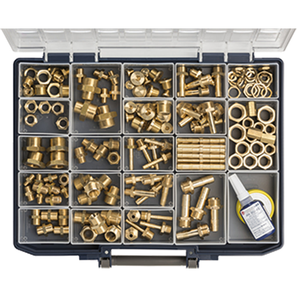 Scatola di assortimento di pezzi torniti in ottone