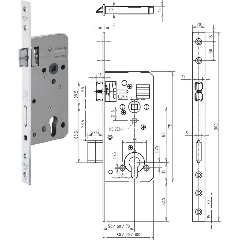 Haustürschloss Serie 127.WZ Dekorsilber