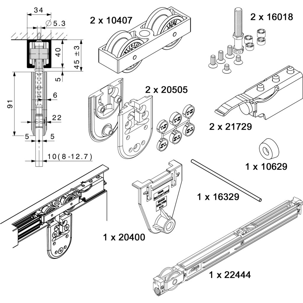 HAWA-Junior 80/GP, kit parziale per 1 porta scorrevole in vetro