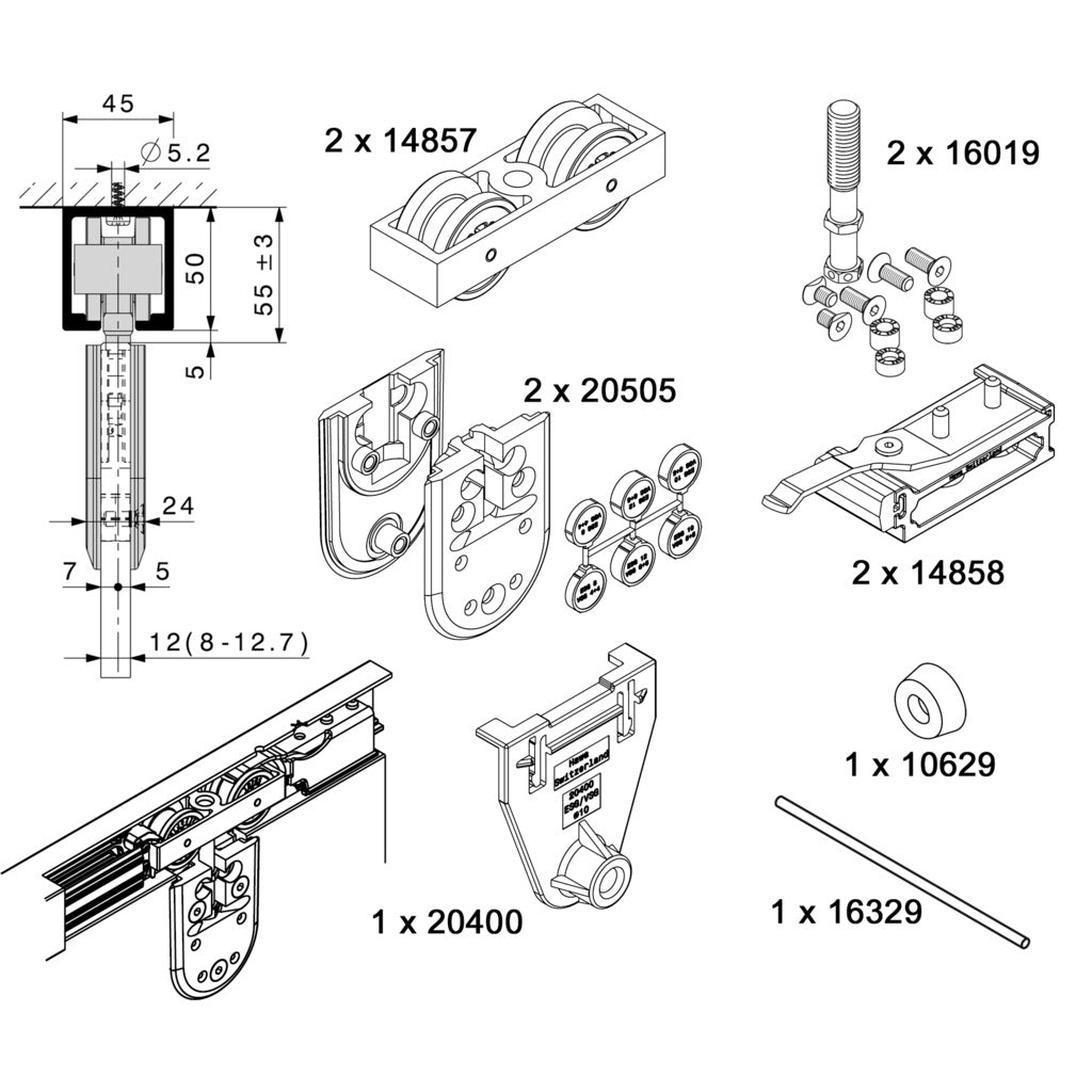 HAWA-Junior 120/GP, kit parziale per 1 porta scorrevole in vetro