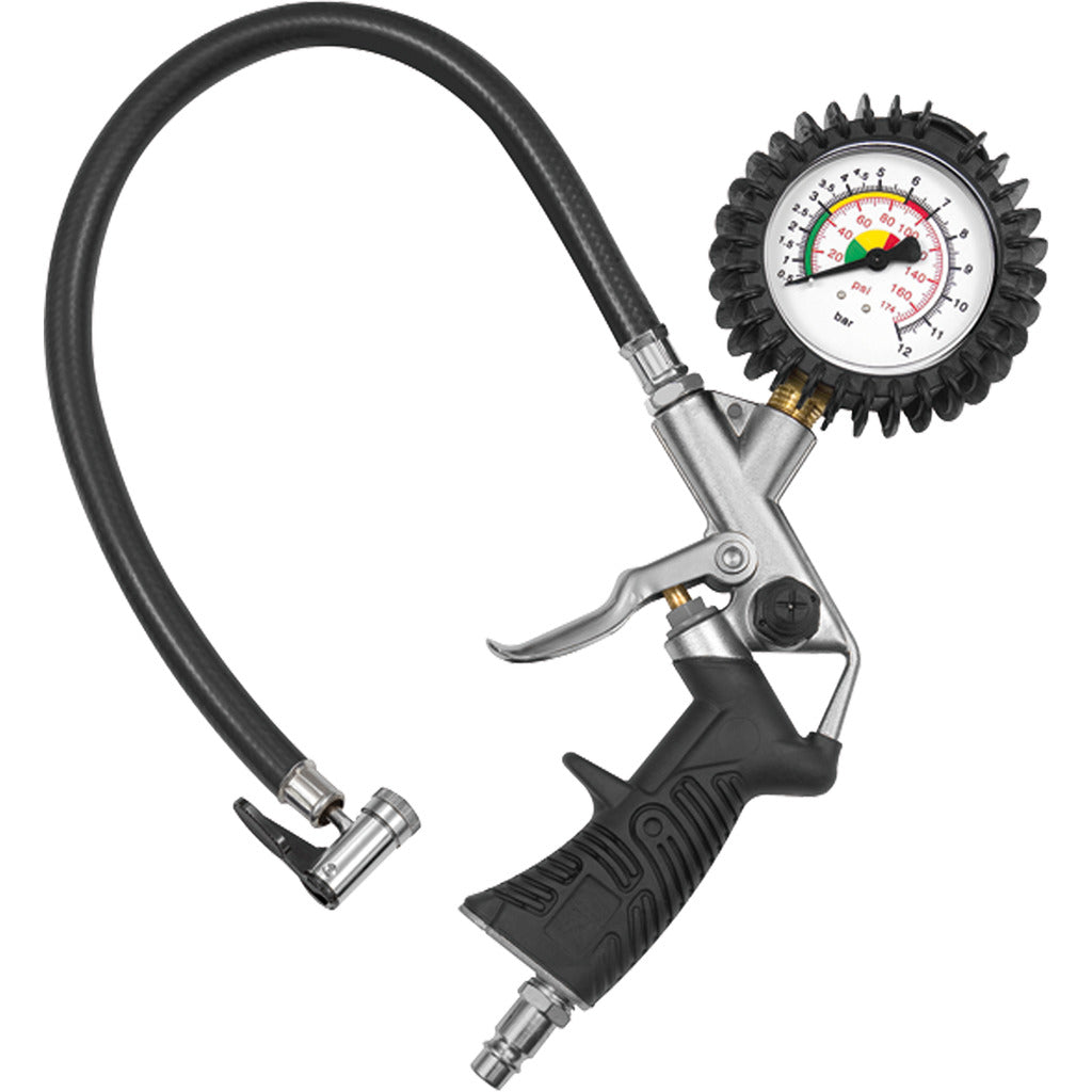 Hand tire inflator in pistol shape, with lever plug