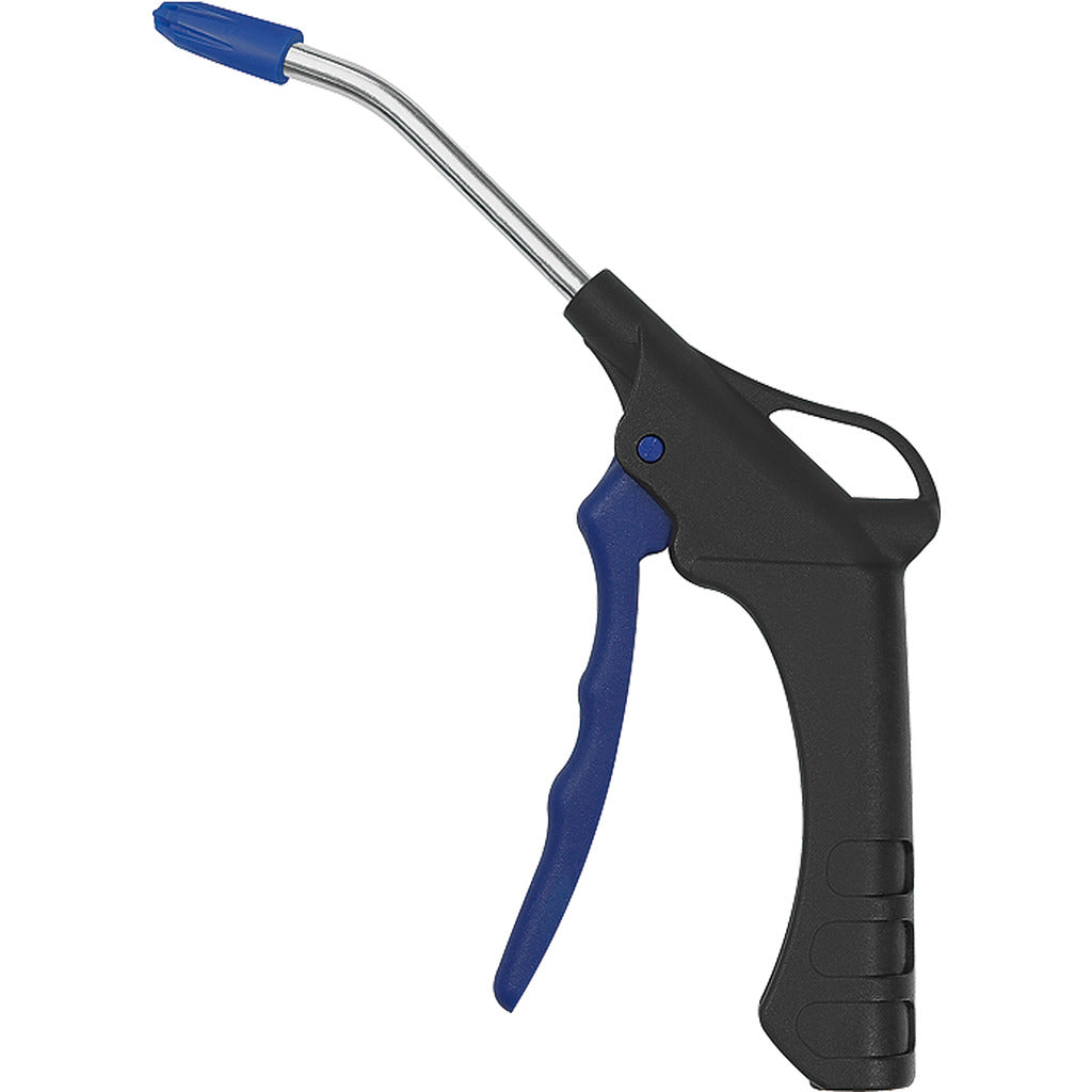 Blow gun with extension tube and noise-reducing nozzle