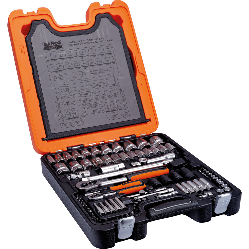 Set di chiavi a bussola con chiavi combinate / 106 pezzi / 1/4" e 1/2"